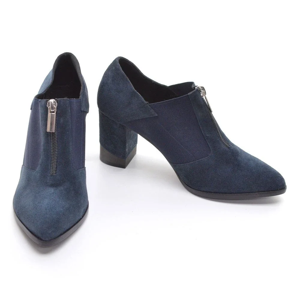 Claetyn Wood Blue Suede Top Zip Heeled Booties 39 New